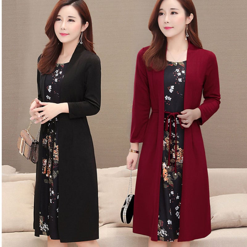 Midi haljina s printom od poliestera, lažni dvodijelni komplet, A-kroj, srednji struk