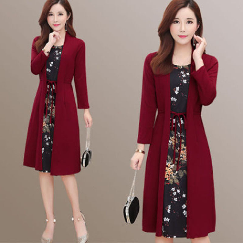 Midi haljina s printom od poliestera, lažni dvodijelni komplet, A-kroj, srednji struk