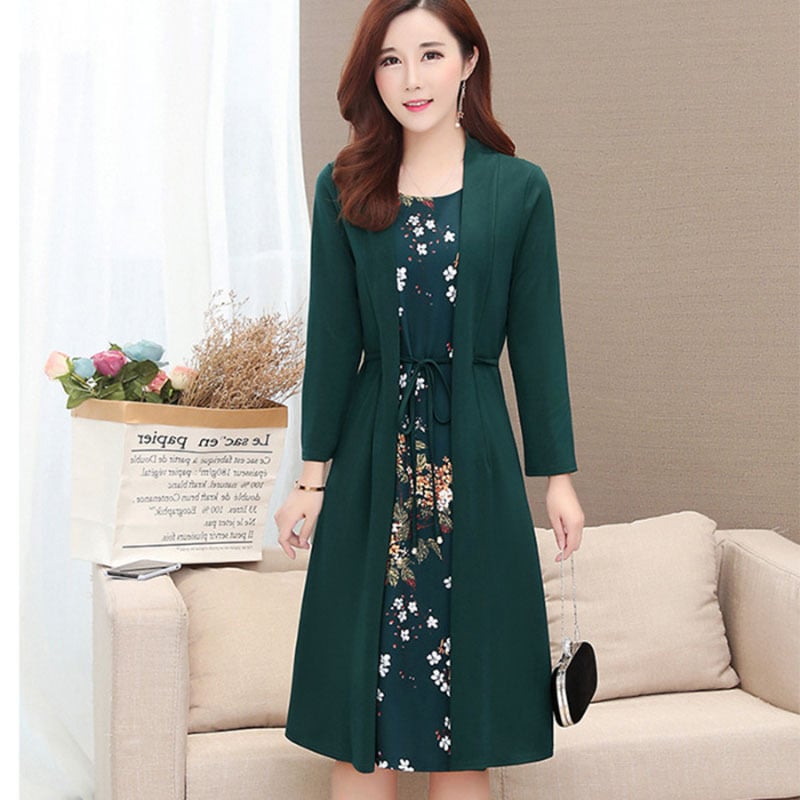 Midi haljina s printom od poliestera, lažni dvodijelni komplet, A-kroj, srednji struk