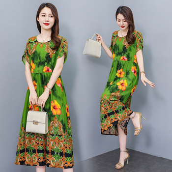 Opuštena haljina s cvjetnim uzorkom od pamuk-saten tkanine, A-linija, srednja duljina, okrugli izrez, kratki rukavi