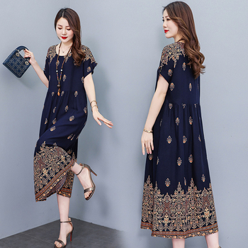 Opuštena haljina s cvjetnim uzorkom od pamuk-saten tkanine, A-linija, srednja duljina, okrugli izrez, kratki rukavi