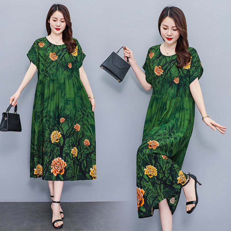 Opuštena haljina s cvjetnim uzorkom od pamuk-saten tkanine, A-linija, srednja duljina, okrugli izrez, kratki rukavi