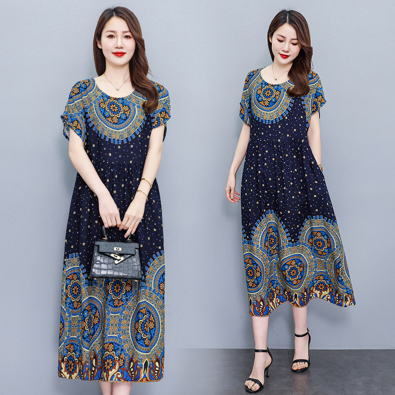 Opuštena haljina s cvjetnim uzorkom od pamuk-saten tkanine, A-linija, srednja duljina, okrugli izrez, kratki rukavi