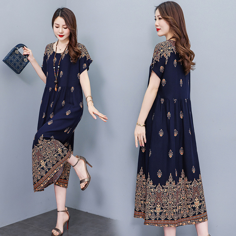 Opuštena haljina s cvjetnim uzorkom od pamuk-saten tkanine, A-linija, srednja duljina, okrugli izrez, kratki rukavi