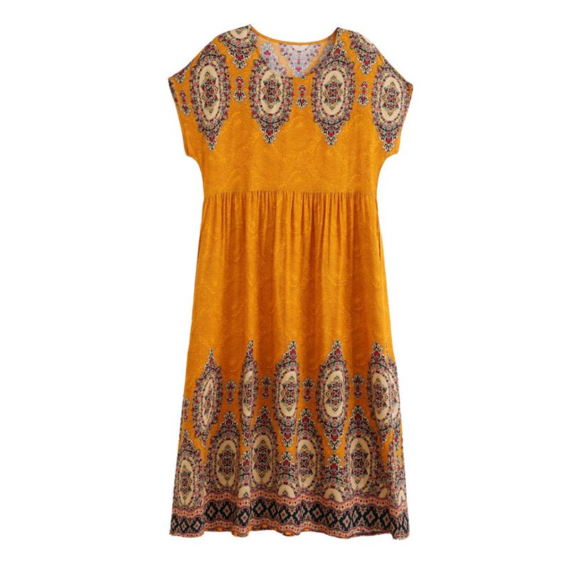 Opuštena haljina s cvjetnim uzorkom od pamuk-saten tkanine, A-linija, srednja duljina, okrugli izrez, kratki rukavi