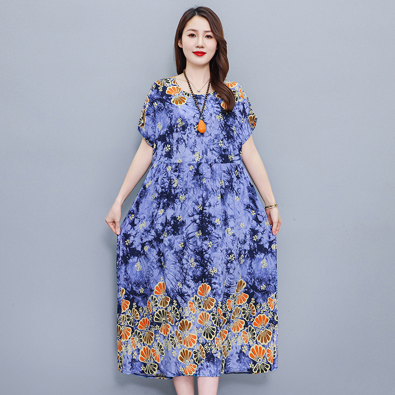 Opuštena haljina s cvjetnim uzorkom od pamuk-saten tkanine, A-linija, srednja duljina, okrugli izrez, kratki rukavi