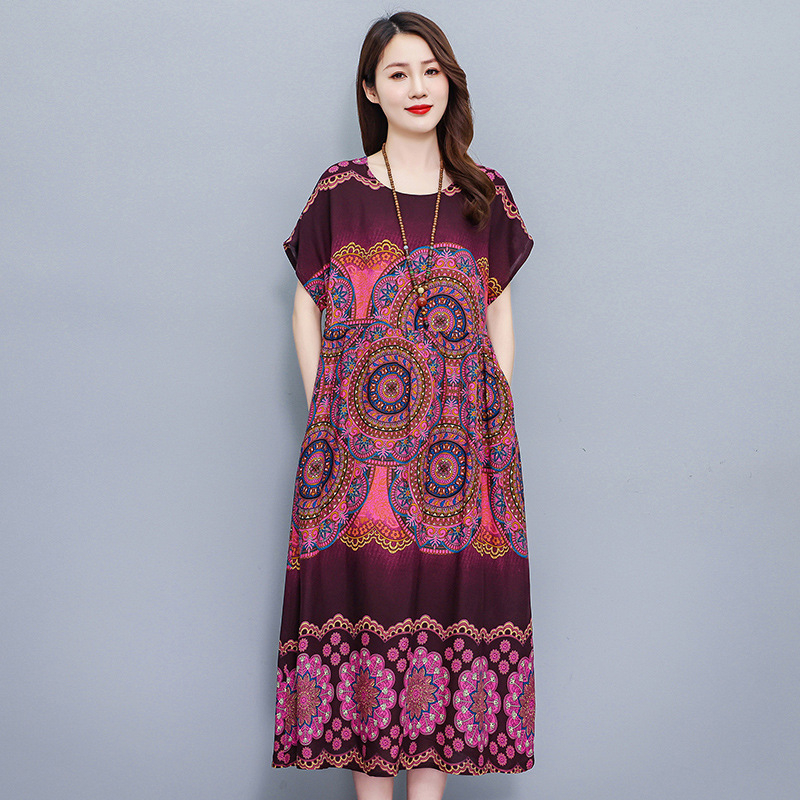 Opuštena haljina s cvjetnim uzorkom od pamuk-saten tkanine, A-linija, srednja duljina, okrugli izrez, kratki rukavi