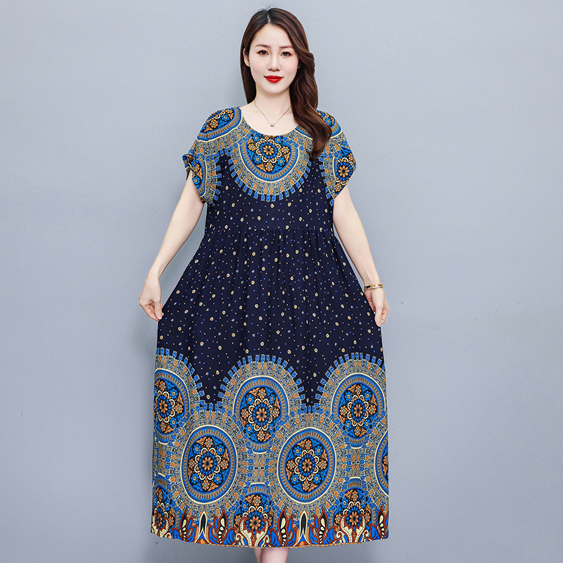 Opuštena haljina s cvjetnim uzorkom od pamuk-saten tkanine, A-linija, srednja duljina, okrugli izrez, kratki rukavi