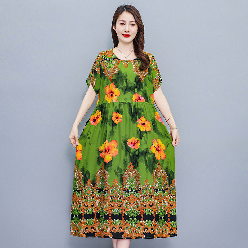 Opuštena haljina s cvjetnim uzorkom od pamuk-saten tkanine, A-linija, srednja duljina, okrugli izrez, kratki rukavi