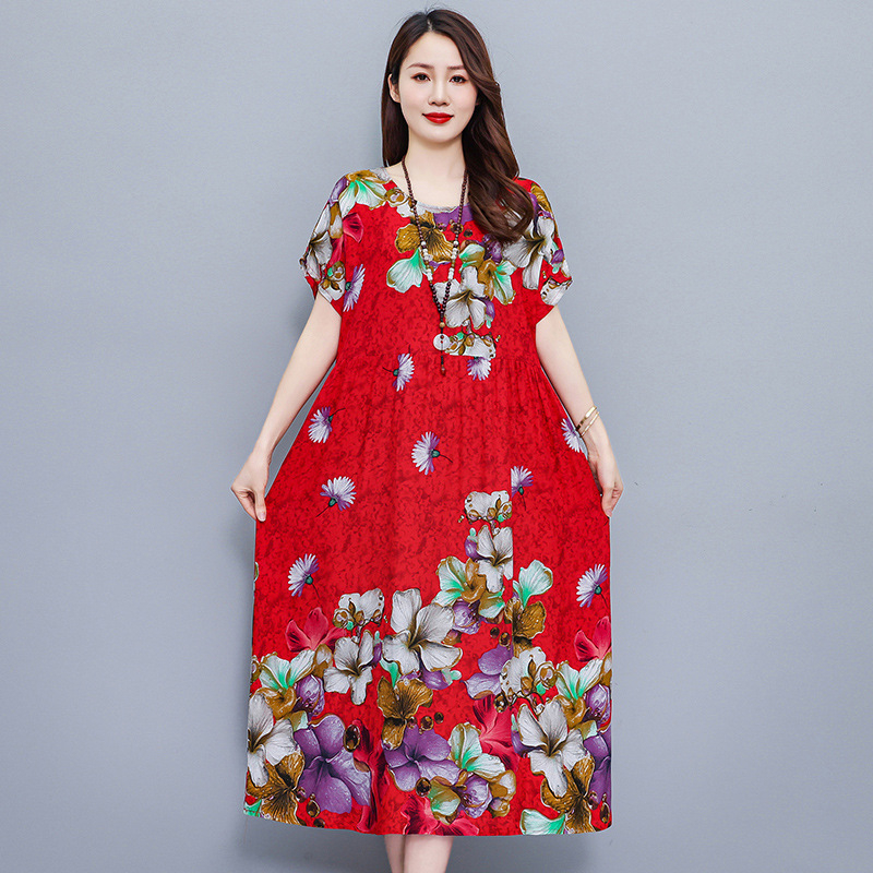 Opuštena haljina s cvjetnim uzorkom od pamuk-saten tkanine, A-linija, srednja duljina, okrugli izrez, kratki rukavi