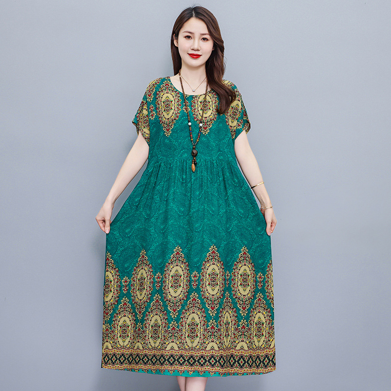 Opuštena haljina s cvjetnim uzorkom od pamuk-saten tkanine, A-linija, srednja duljina, okrugli izrez, kratki rukavi