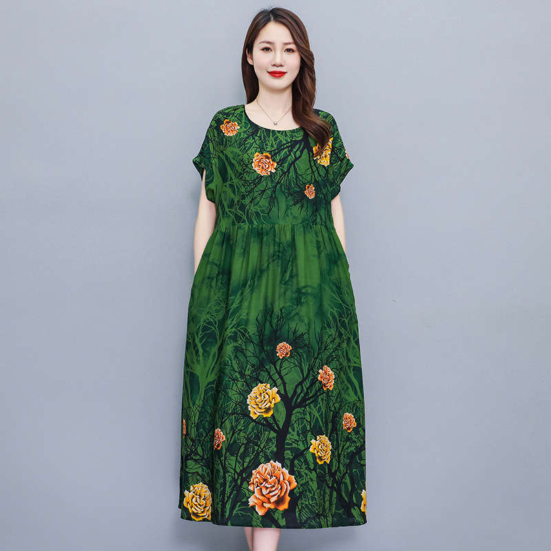 Opuštena haljina s cvjetnim uzorkom od pamuk-saten tkanine, A-linija, srednja duljina, okrugli izrez, kratki rukavi