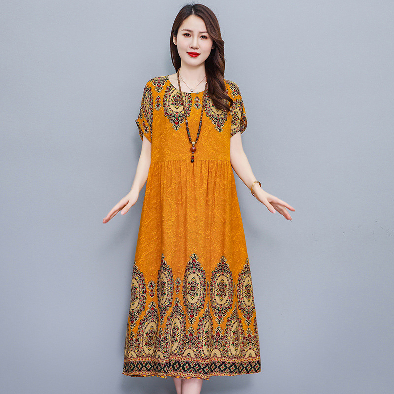 Opuštena haljina s cvjetnim uzorkom od pamuk-saten tkanine, A-linija, srednja duljina, okrugli izrez, kratki rukavi