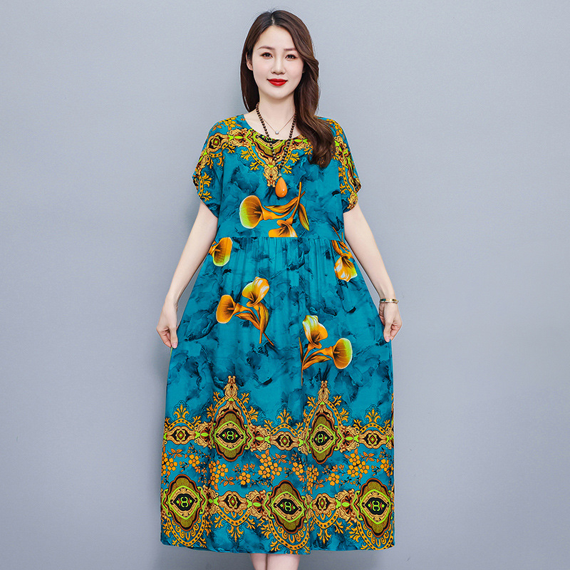 Opuštena haljina s cvjetnim uzorkom od pamuk-saten tkanine, A-linija, srednja duljina, okrugli izrez, kratki rukavi