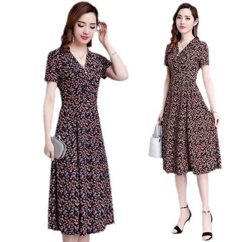 Ženska midi haljina s malim cvjetnim uzorkom, A-linije kroja, V izrez, kratki rukavi, poliester (Ljeto 2024)