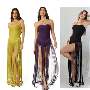 Haljina bez rukava od pletenine s resama i patchworkom, visokim strukom, patchwork suknja, zatvarač, ljeto 2025