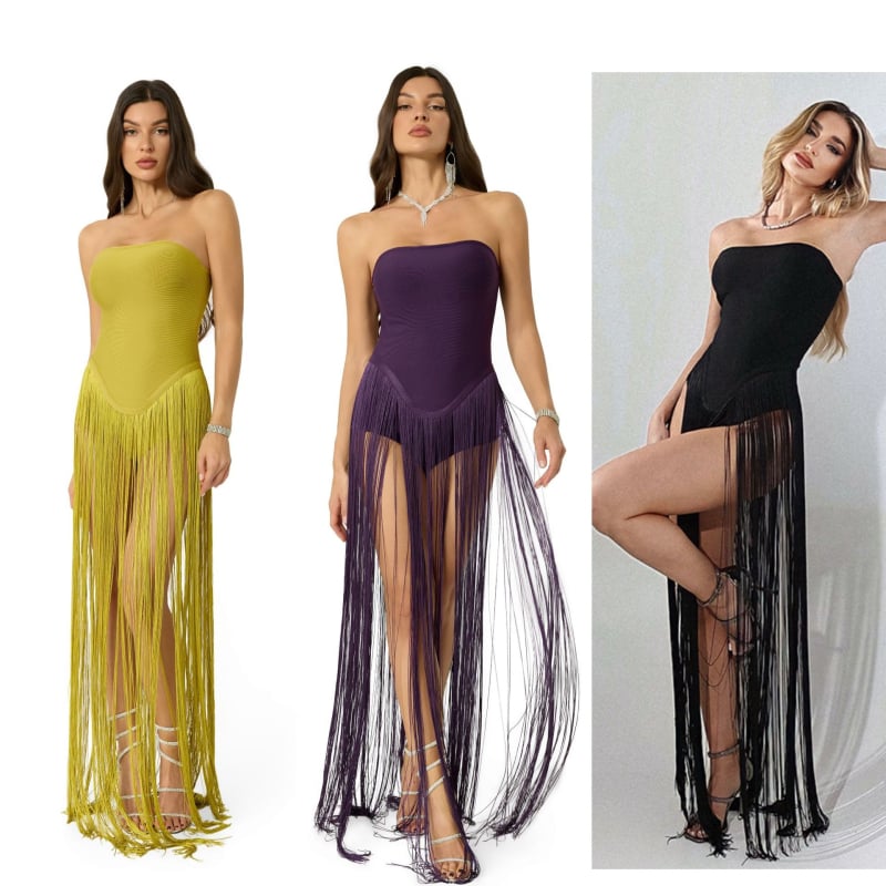 Haljina bez rukava od pletenine s resama i patchworkom, visokim strukom, patchwork suknja, zatvarač, ljeto 2025