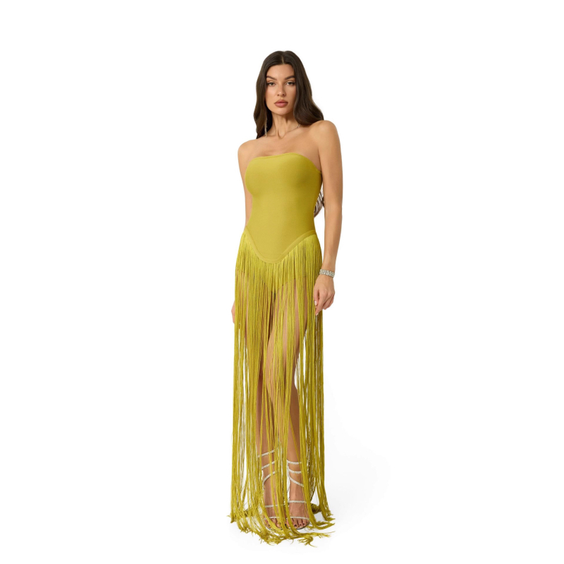 Haljina bez rukava od pletenine s resama i patchworkom, visokim strukom, patchwork suknja, zatvarač, ljeto 2025