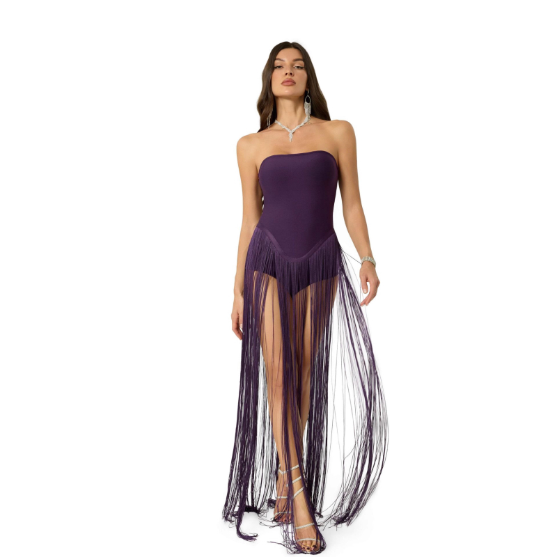 Haljina bez rukava od pletenine s resama i patchworkom, visokim strukom, patchwork suknja, zatvarač, ljeto 2025