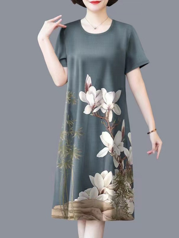 Ženska ljetna haljina s cvjetnim uzorkom, poliester, digitalni ispis, midi duljina, A-linija kroj