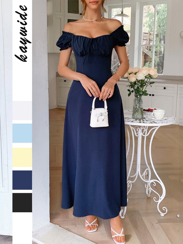 Haljina s A-linijom siluete, visokim strukom, puff rukavi, kvadratni ovratnik (poliesterska-spandex smjesa).