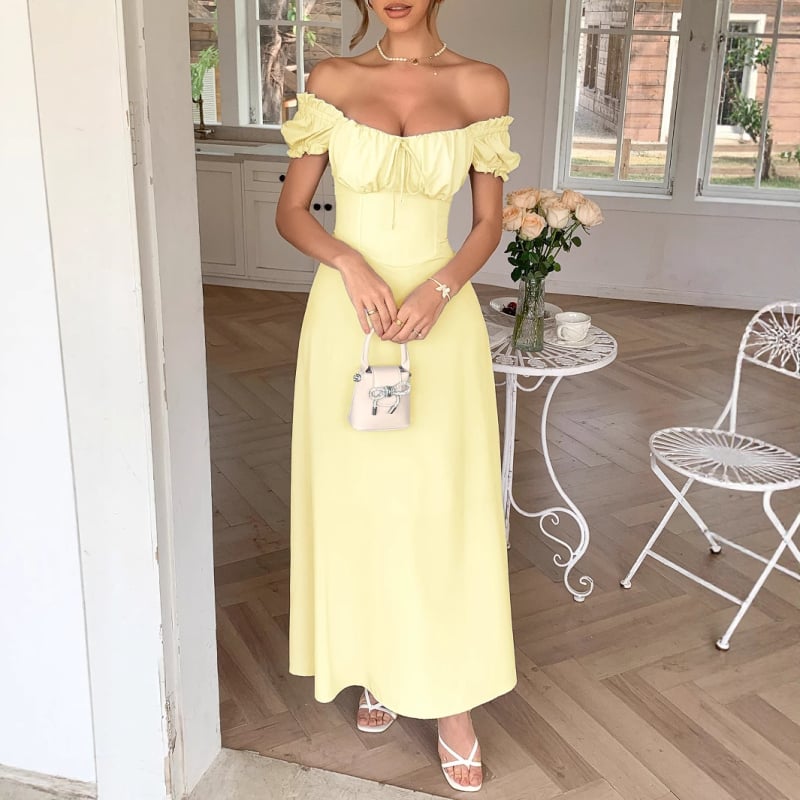 Haljina s A-linijom siluete, visokim strukom, puff rukavi, kvadratni ovratnik (poliesterska-spandex smjesa).