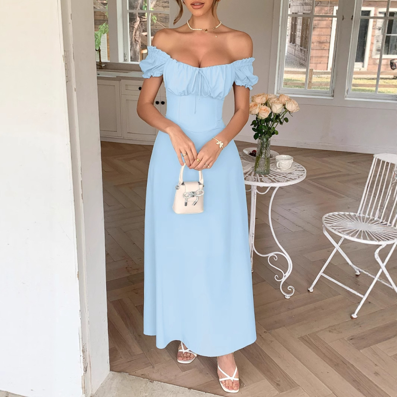 Haljina s A-linijom siluete, visokim strukom, puff rukavi, kvadratni ovratnik (poliesterska-spandex smjesa).