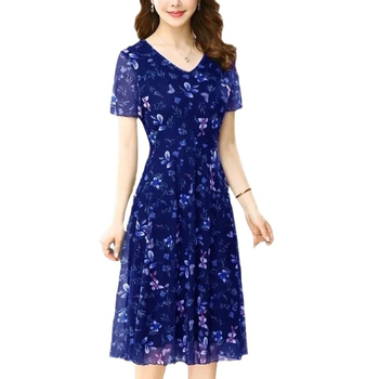 Kvetinové polyesterové midi šaty s V výstrihom, krátkymi rukávmi, vysokým pásom a A-line strih