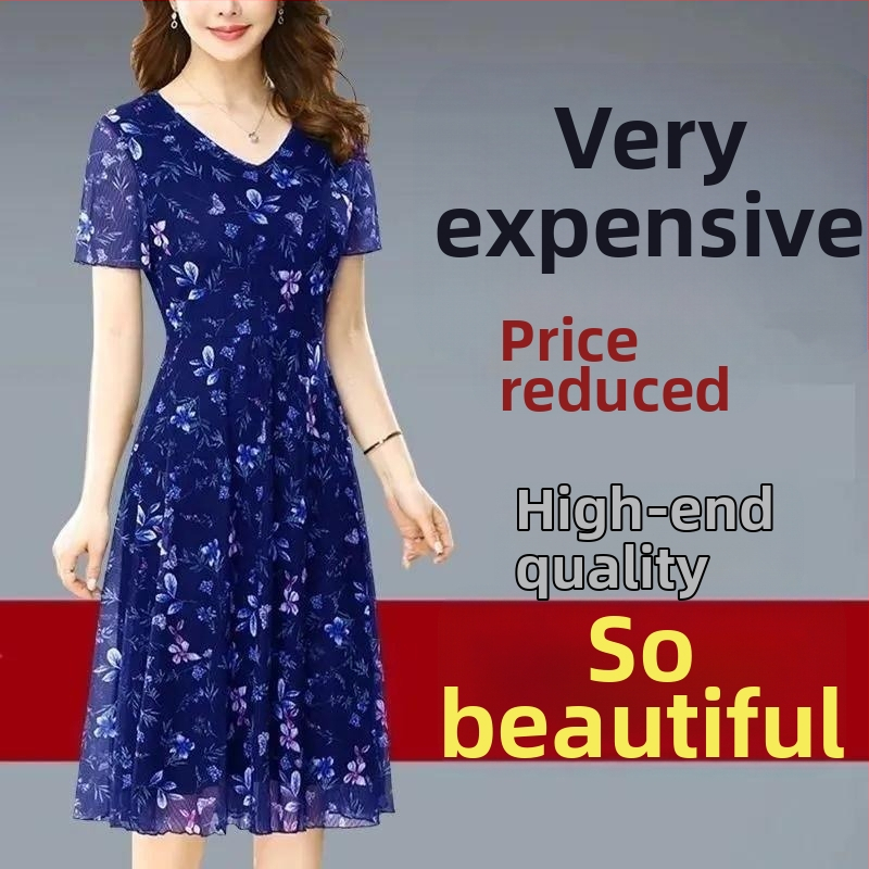 Kvetinové polyesterové midi šaty s V výstrihom, krátkymi rukávmi, vysokým pásom a A-line strih