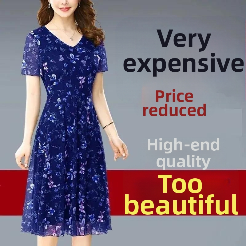 Kvetinové polyesterové midi šaty s V výstrihom, krátkymi rukávmi, vysokým pásom a A-line strih