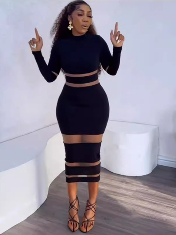 Poliester haljina s visokim strukom, dugi rukavi, patchwork s mrežastim umetcima, srednje duga haljina