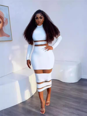 Poliester haljina s visokim strukom, dugi rukavi, patchwork s mrežastim umetcima, srednje duga haljina