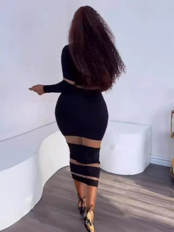 Poliester haljina s visokim strukom, dugi rukavi, patchwork s mrežastim umetcima, srednje duga haljina