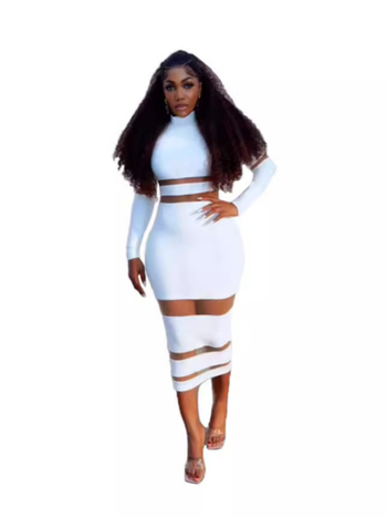 Poliester haljina s visokim strukom, dugi rukavi, patchwork s mrežastim umetcima, srednje duga haljina