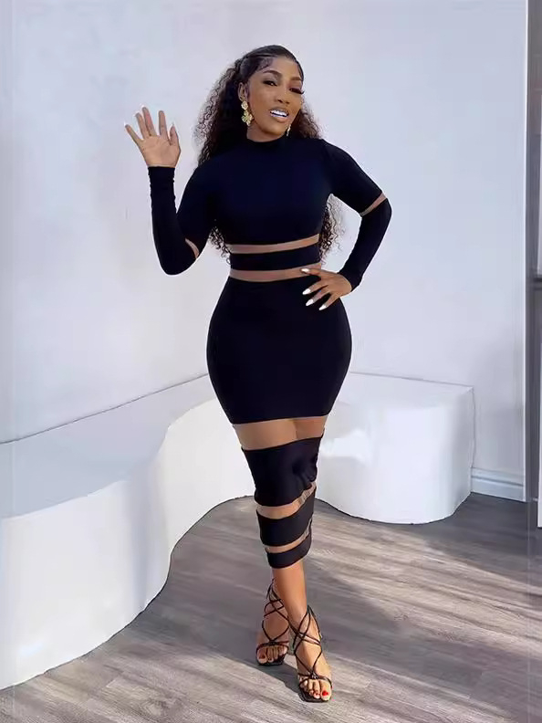 Poliester haljina s visokim strukom, dugi rukavi, patchwork s mrežastim umetcima, srednje duga haljina