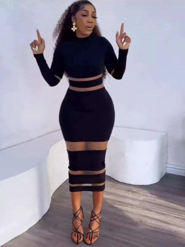 Poliester haljina s visokim strukom, dugi rukavi, patchwork s mrežastim umetcima, srednje duga haljina