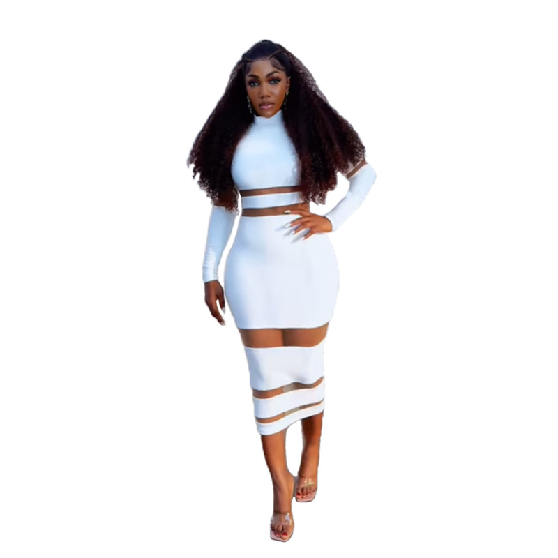 Poliester haljina s visokim strukom, dugi rukavi, patchwork s mrežastim umetcima, srednje duga haljina