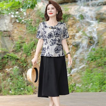 Mamino ljetno haljina, pamuk-lan tkanina, kineski stil, temperament i gradski stil, otisak, duljina 100 cm