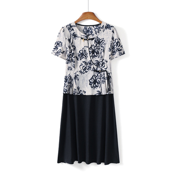Mamino ljetno haljina, pamuk-lan tkanina, kineski stil, temperament i gradski stil, otisak, duljina 100 cm