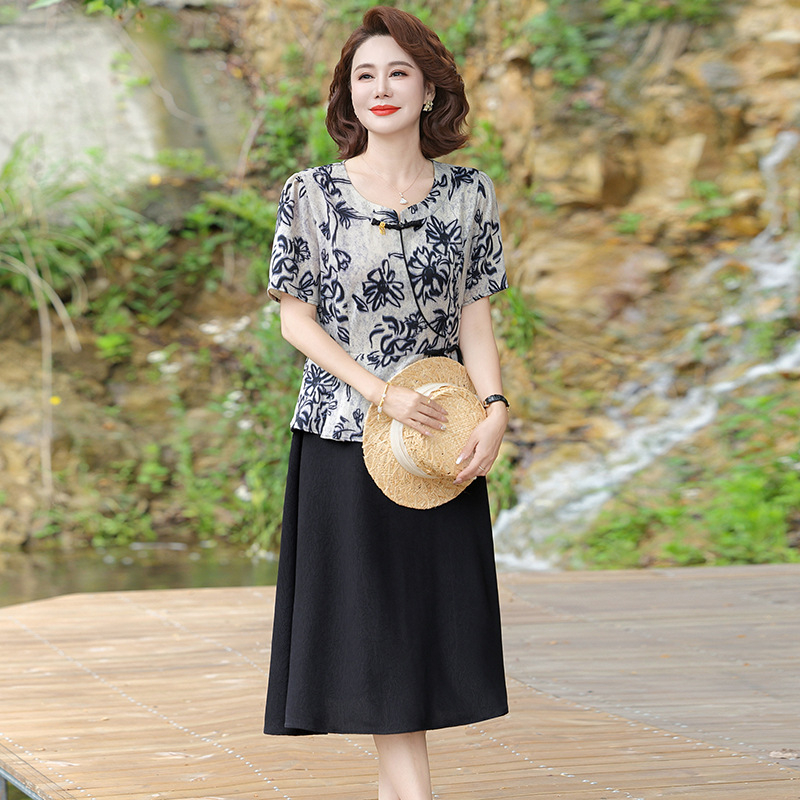 Mamino ljetno haljina, pamuk-lan tkanina, kineski stil, temperament i gradski stil, otisak, duljina 100 cm