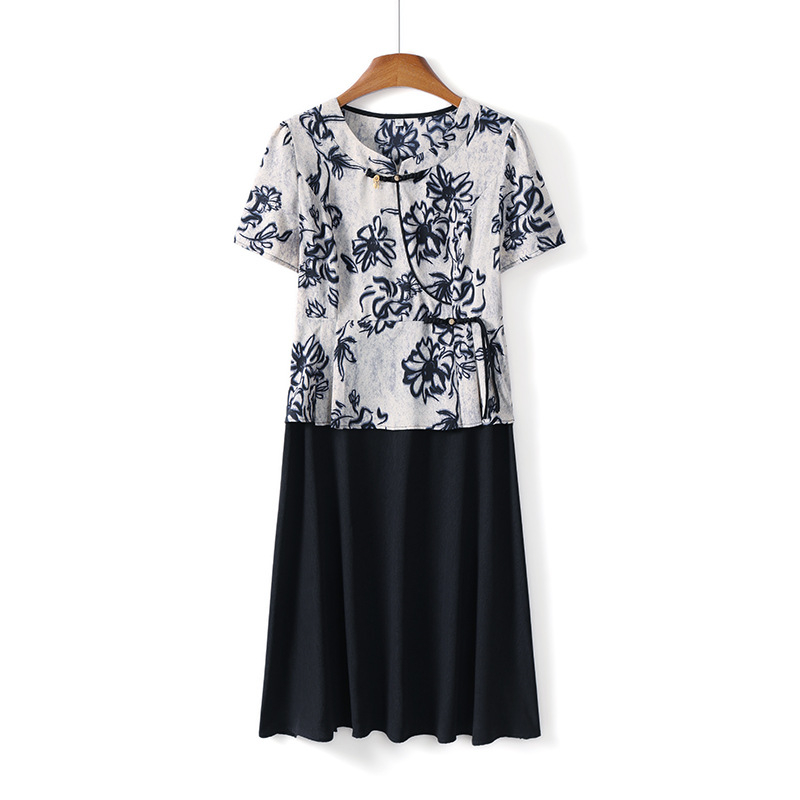 Mamino ljetno haljina, pamuk-lan tkanina, kineski stil, temperament i gradski stil, otisak, duljina 100 cm