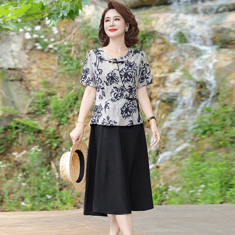 Mamino ljetno haljina, pamuk-lan tkanina, kineski stil, temperament i gradski stil, otisak, duljina 100 cm