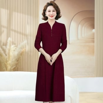 Рокля с дълги ръкави, прикриваща корема, средна дължина, ацетатен плат със 90–95% полиестер, есен 2025