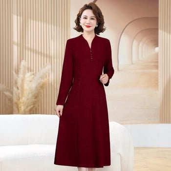 Рокля с дълги ръкави, прикриваща корема, средна дължина, ацетатен плат със 90–95% полиестер, есен 2025