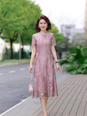 Haljina inspirirana Cheongsam, organza, jednobojna, stojeći ovratnik, dugi rukavi, A-linijski kroj, srednja duljina, Lyocell 70–80%, Proljeće 2025