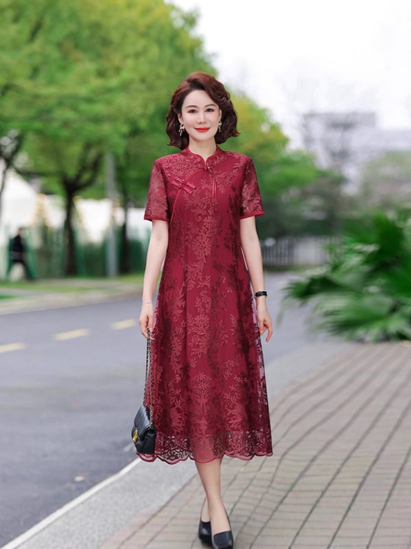 Haljina inspirirana Cheongsam, organza, jednobojna, stojeći ovratnik, dugi rukavi, A-linijski kroj, srednja duljina, Lyocell 70–80%, Proljeće 2025