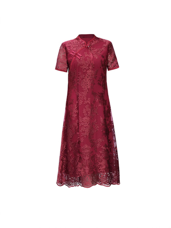 Haljina inspirirana Cheongsam, organza, jednobojna, stojeći ovratnik, dugi rukavi, A-linijski kroj, srednja duljina, Lyocell 70–80%, Proljeće 2025