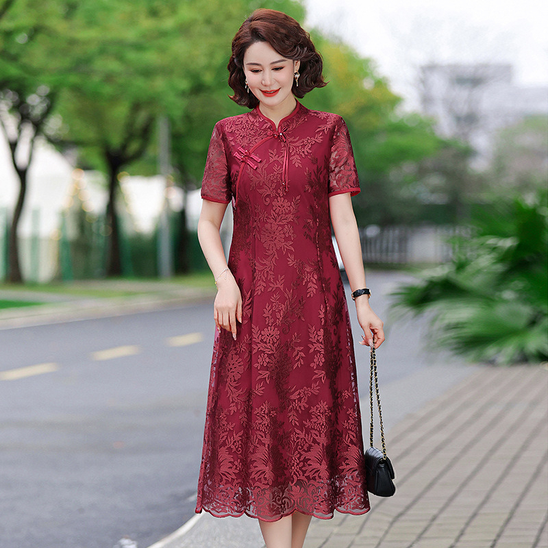 Haljina inspirirana Cheongsam, organza, jednobojna, stojeći ovratnik, dugi rukavi, A-linijski kroj, srednja duljina, Lyocell 70–80%, Proljeće 2025