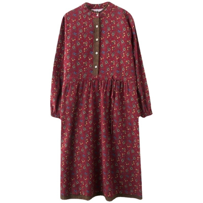 Proljetna ženska haljina s dugim rukavima, retro otisak, vezanje u struku, čipka, sitni cvjetni uzorak, A-linijski kroj, velika veličina