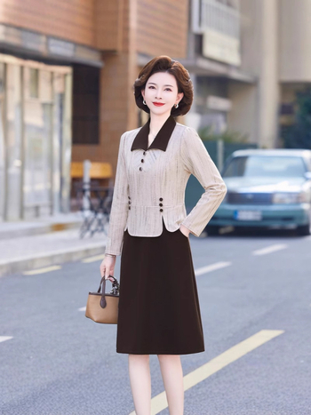 Ženska haljina s lažnim dvodijelnim dizajnom, pleteni materijal, uzorak blok boja, dugi rukavi, A-linija silueta